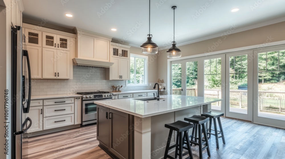 Modern Kitchen with Island, White Cabinets, and Glass Doors Leading to a Patio