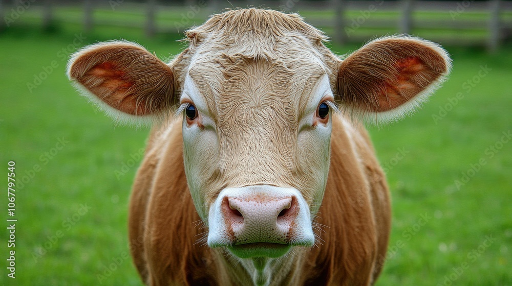 Close-up of a cow's face with a soft focus background of a farm, capturing the animal gentle expression. Close-up of a cow's face with a soft focus background of a farm, capturing the animal gentle expression.