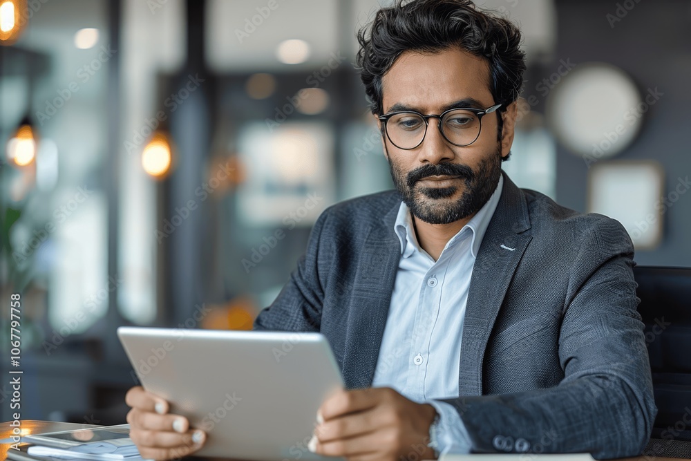 Focused young Indian businessman using digital tablet in modern office Focused young Indian businessman using digital tablet in modern office
