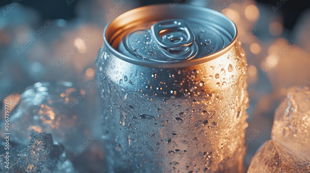 Close-up of an ice-cold can of beer with condensation droplets glistening under soft lighting, surrounded by a pile of ice. Close-up of an ice-cold can of beer with condensation droplets glistening under soft lighting, surrounded by a pile of ice.