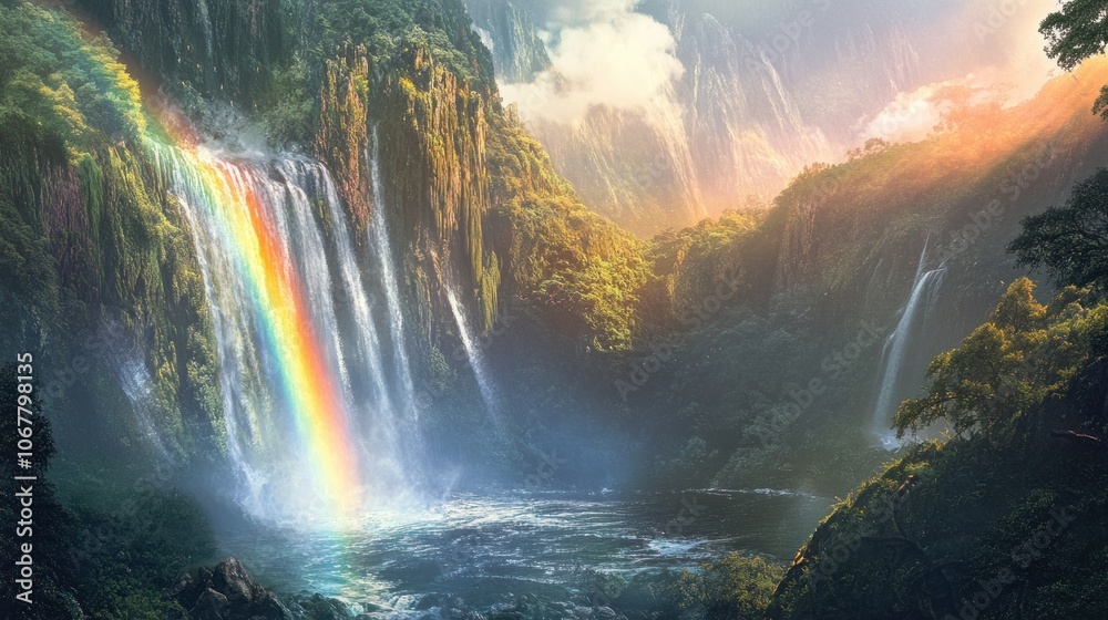Fototapeta premium Rainbow Waterfall in Lush Valley