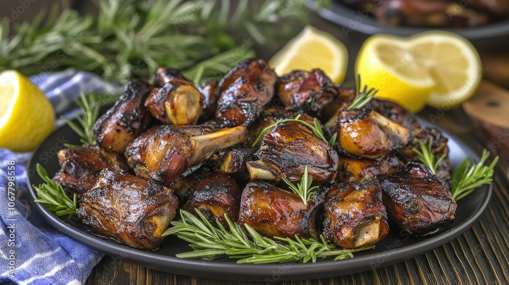 Crispy pork served with tangy sauce on a dark plate with garnished herbs and lemon wedges. Crispy pork served with tangy sauce on a dark plate with garnished herbs and lemon wedges.