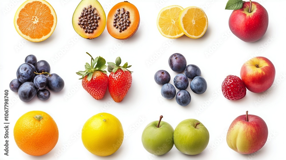 collection of healthy fruits isolated on white background