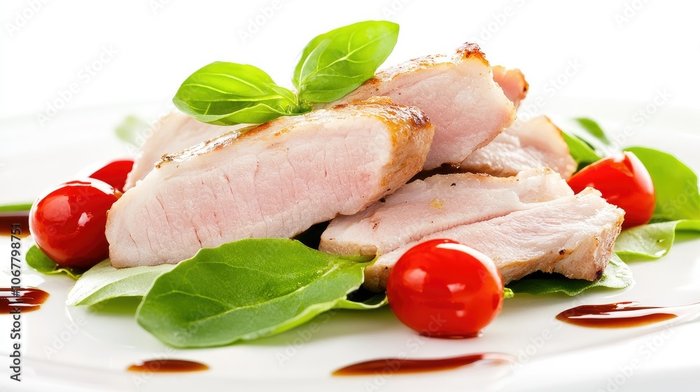 Crispy pork strips on a salad of greens and cherry tomatoes, drizzled with a light vinaigrette. Crispy pork strips on a salad of greens and cherry tomatoes, drizzled with a light vinaigrette.