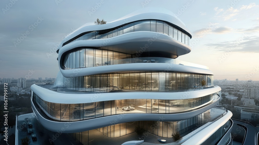 Futuristic office building with innovative architecture, featuring curved glass and metal structures. Futuristic office building with innovative architecture, featuring curved glass and metal structures.