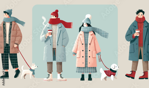 Cute Scene of People and Dog in Winter Clothes