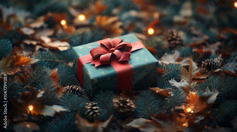A Wrapped Gift Nestled Among Autumn Leaves and Pine Branches A Wrapped Gift Nestled Among Autumn Leaves and Pine Branches