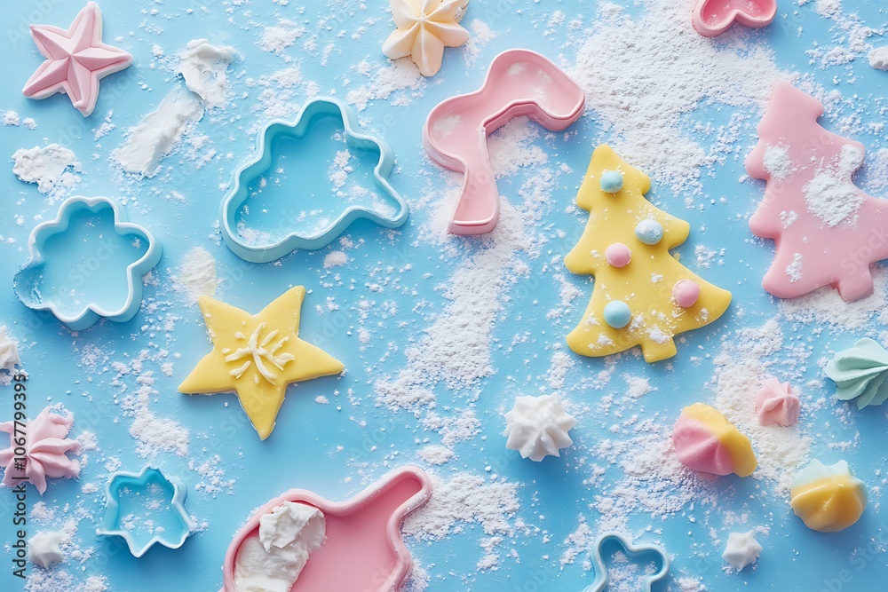 A whimsical holiday baking scene with flour, cookie cutters, and colorful frosting spread across the table A whimsical holiday baking scene with flour, cookie cutters, and colorful frosting spread across the table