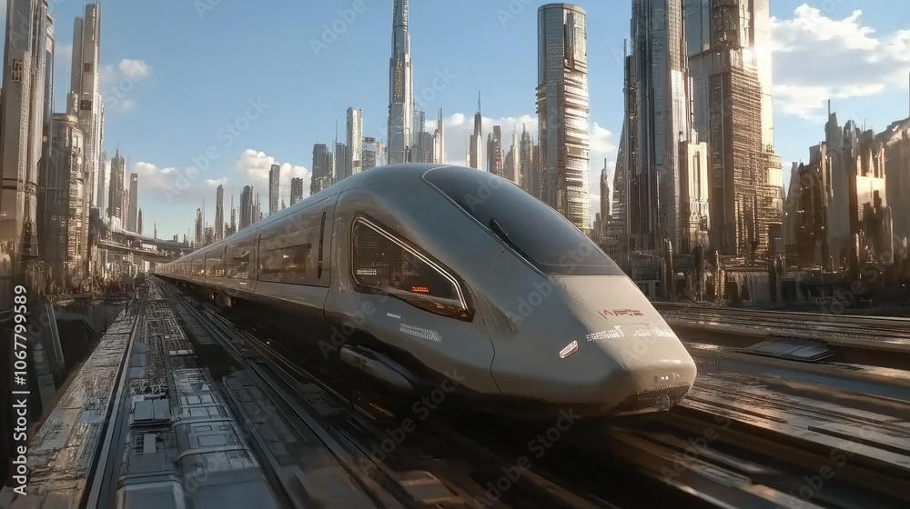 Naklejka premium High-speed train zooming through a futuristic cityscape, with skyscrapers towering in the background.