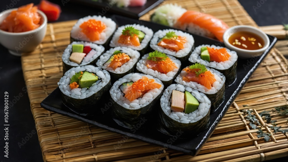 A plate of sushi rolls featuring salmon, avocado, and garnishes, served with soy sauce.
