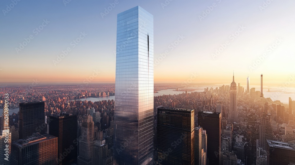 Fototapeta premium Modern skyscraper with reflective glass windows, towering over a bustling cityscape during sunset.