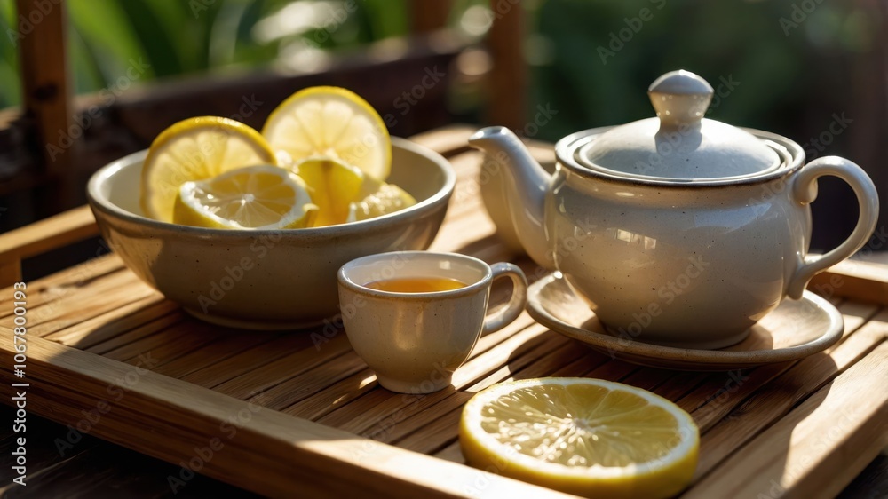 A serene tea setting with a teapot, cup, and fresh lemons on a wooden tray. A serene tea setting with a teapot, cup, and fresh lemons on a wooden tray.