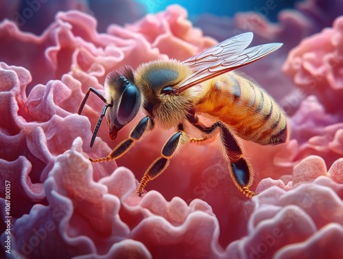 Magnified Macro Photography of Honeybee on Flower Petal, Close-Up View of Nature's Delicate Textures and Patterns, Explore the Beauty of Pollination photo