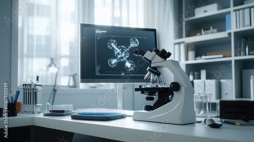 Laboratory Workspace with Microscope and Computer Screen