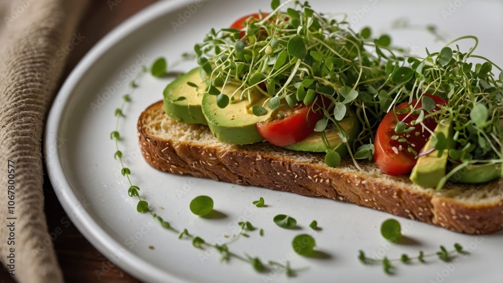 A healthy open-faced sandwich topped with avocado, tomatoes, and microgreens on whole grain bread.