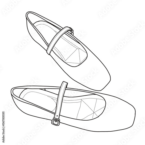 Women's Comfortable Square Toe Slip On Flats shoes Line art, Technical sketch hand drawing outline vector doodle illustration top isometric view isolated on white background