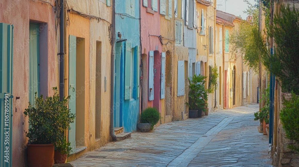 Fototapeta premium Traditional European townhouses with colorful facades and rustic charm, lining a narrow cobblestone street.