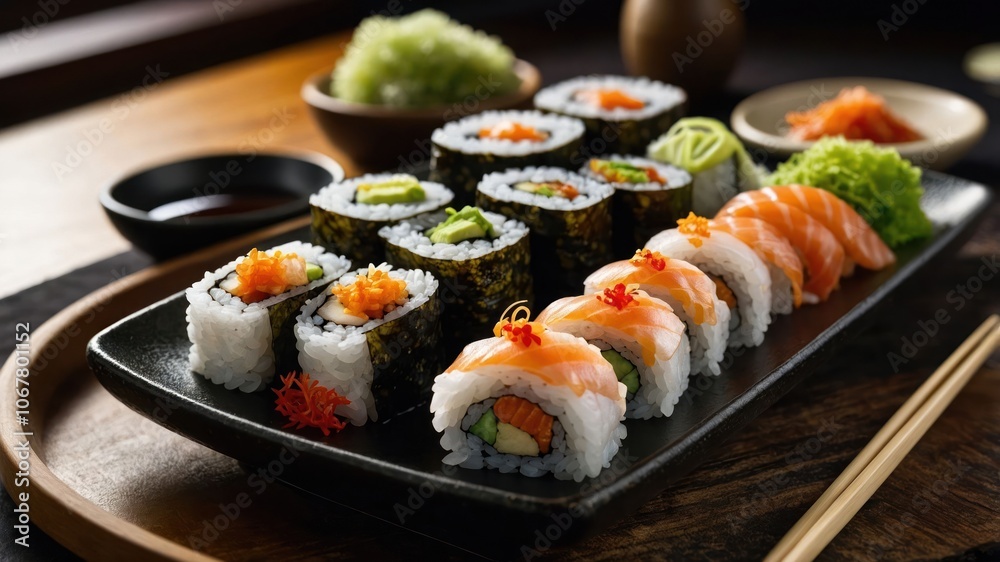 A beautifully arranged sushi platter featuring various rolls and garnishes. A beautifully arranged sushi platter featuring various rolls and garnishes.
