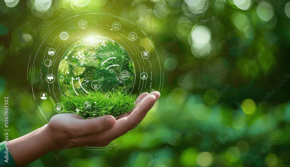 Businessman Holds Green Planet with Eco-Friendly Icons Symbolizing Sustainable Agriculture and Climate Action in a Forest Background Businessman Holds Green Planet with Eco-Friendly Icons Symbolizing Sustainable Agriculture and Climate Action in a Forest Background
