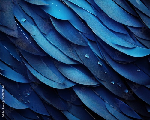 Stunning Macro Photography of Blue Bird Feathers with Water Droplets, Organic Texture, Sharpness and Blur Contrast, Nature Detail