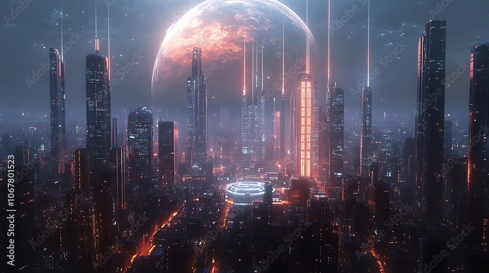 Obraz premium Explore the futuristic cityscape under a glowing planet