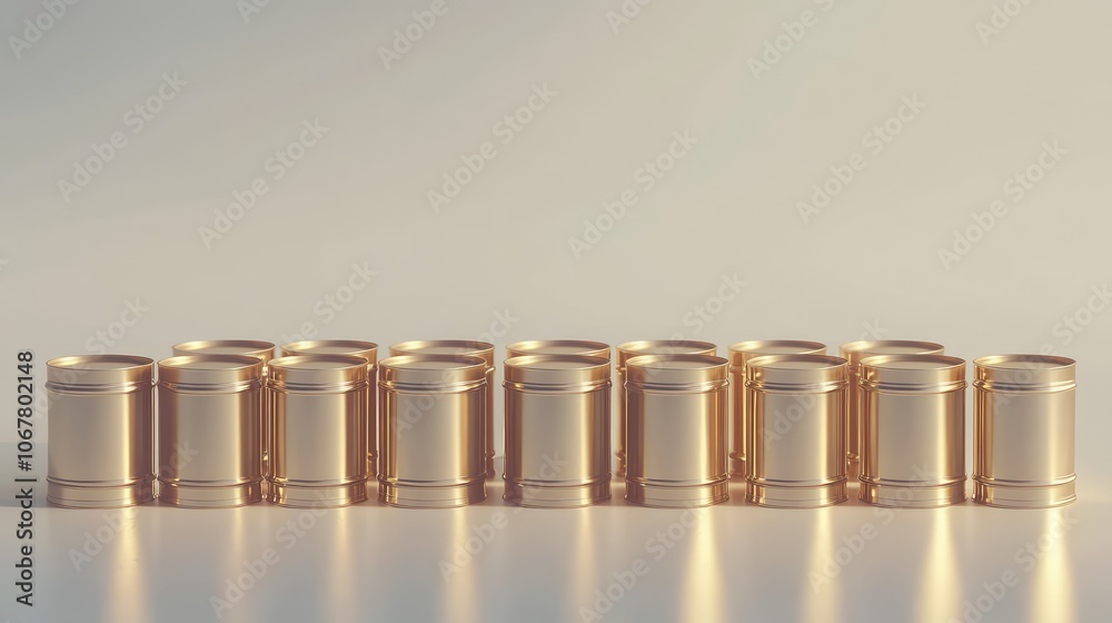 Golden Cans in a Row on a Light Background