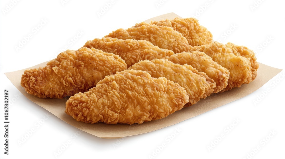 Crispy Golden Fried Chicken Strips on Paper Crispy Golden Fried Chicken Strips on Paper