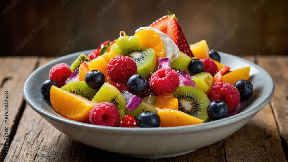 A vibrant fruit salad featuring various fresh fruits in a bowl. A vibrant fruit salad featuring various fresh fruits in a bowl.