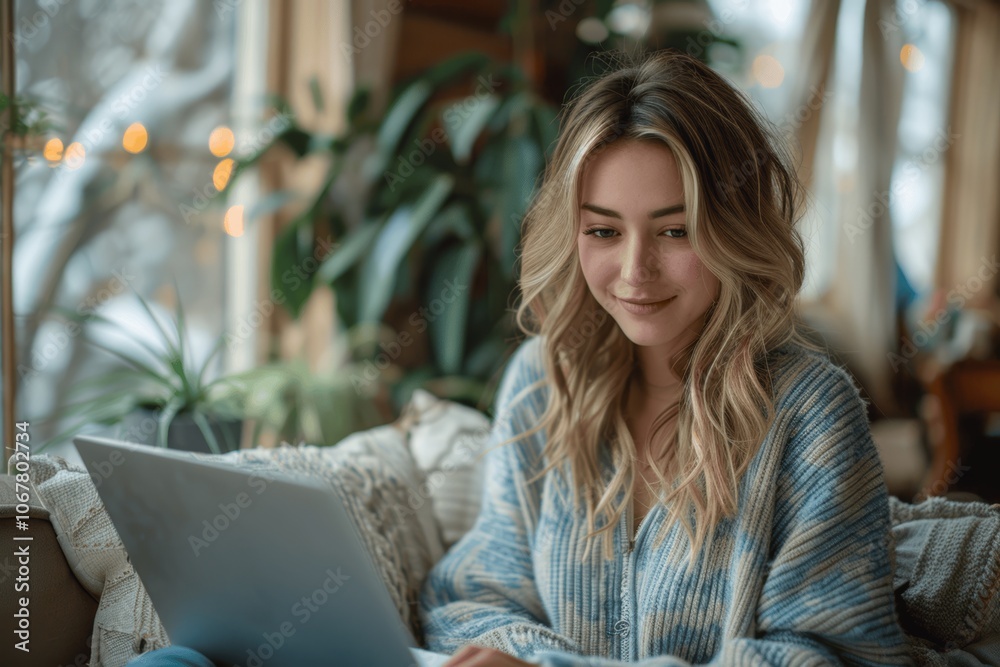 Happy young woman working on laptop at home sitting on sofa with large window in background showing trees remote work online education concept Happy young woman working on laptop at home sitting on sofa with large window in background showing trees remote work online education concept