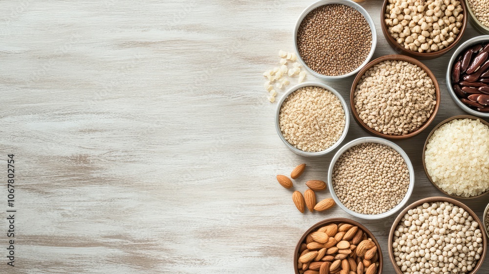 Assorted Grains and Nuts on Rustic Wooden Background Assorted Grains and Nuts on Rustic Wooden Background
