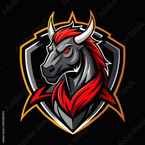 A fierce centaur esports logo with a horse-bull hybrid and red accents on a black shield, perfect for competitive teams!