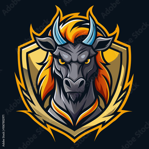 A powerful centaur esports logo featuring a fierce black horse head with blue horns and fiery orange mane set against a bold shield background