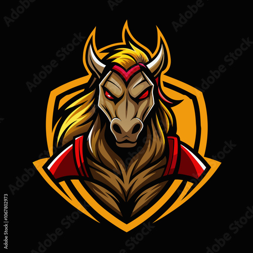 A bold and fierce centaur esports logo featuring a muscular horse-headed figure with vibrant colors on a dark background