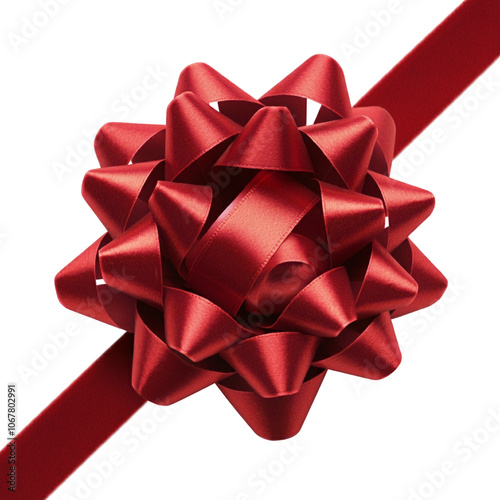 Bright red bow sits on a sleek ribbon, perfect for gifts