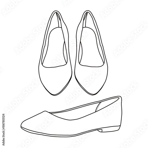Women's Pointed-Toe Ballet Flat Shoes Line art, Technical sketch hand drawing outline vector doodle illustration various view isolated on white background