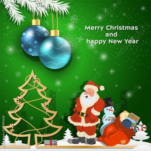 Christmas and New Year greetings Christmas balls are hanging on the branches of a tree Santa Claus is standing next to a bag of gifts