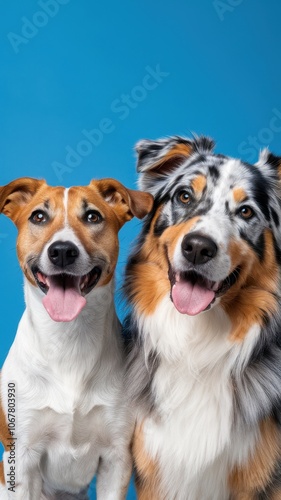 Two Happy Dogs with Tongues Out Posing Against Light Blue Background