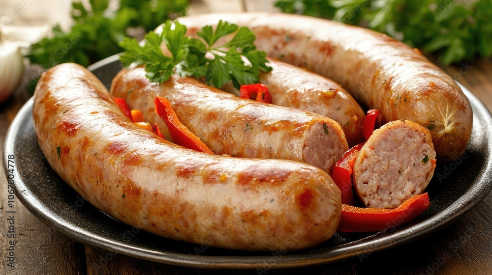 Freshly Grilled Sausages on a Plate with Vegetables Freshly Grilled Sausages on a Plate with Vegetables