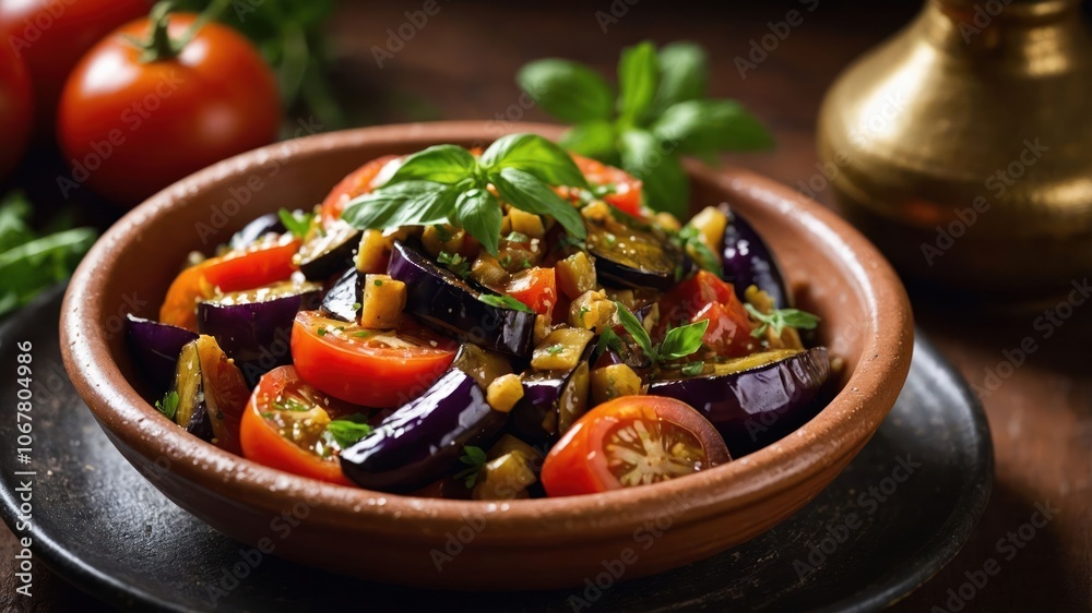 A vibrant dish featuring eggplant and cherry tomatoes, garnished with fresh basil. A vibrant dish featuring eggplant and cherry tomatoes, garnished with fresh basil.