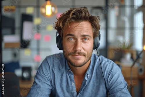 Young male podcast host with headphones and microphone recording in office