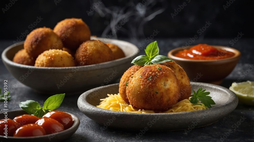 A delicious spread featuring crispy balls, pasta, and dipping sauce, perfect for sharing. A delicious spread featuring crispy balls, pasta, and dipping sauce, perfect for sharing.