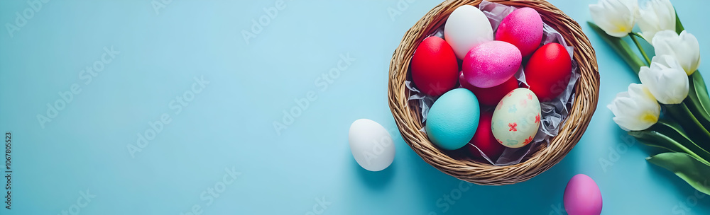Cute easter egg background image - A decorative basket filled with colorful Easter eggs and white tulips on a blue background. Cute easter egg background image - A decorative basket filled with colorful Easter eggs and white tulips on a blue background.