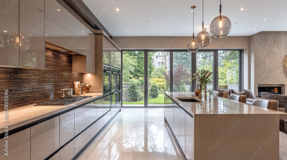 Modern Kitchen with Marble Countertop and Large Windows Overlooking a Green Garden Modern Kitchen with Marble Countertop and Large Windows Overlooking a Green Garden