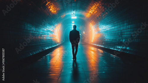 man walks alone in a dark underpass, with a bright light shining at the end of the tunnel, symbolizing hope, struggle, and the journey towards a brighter future