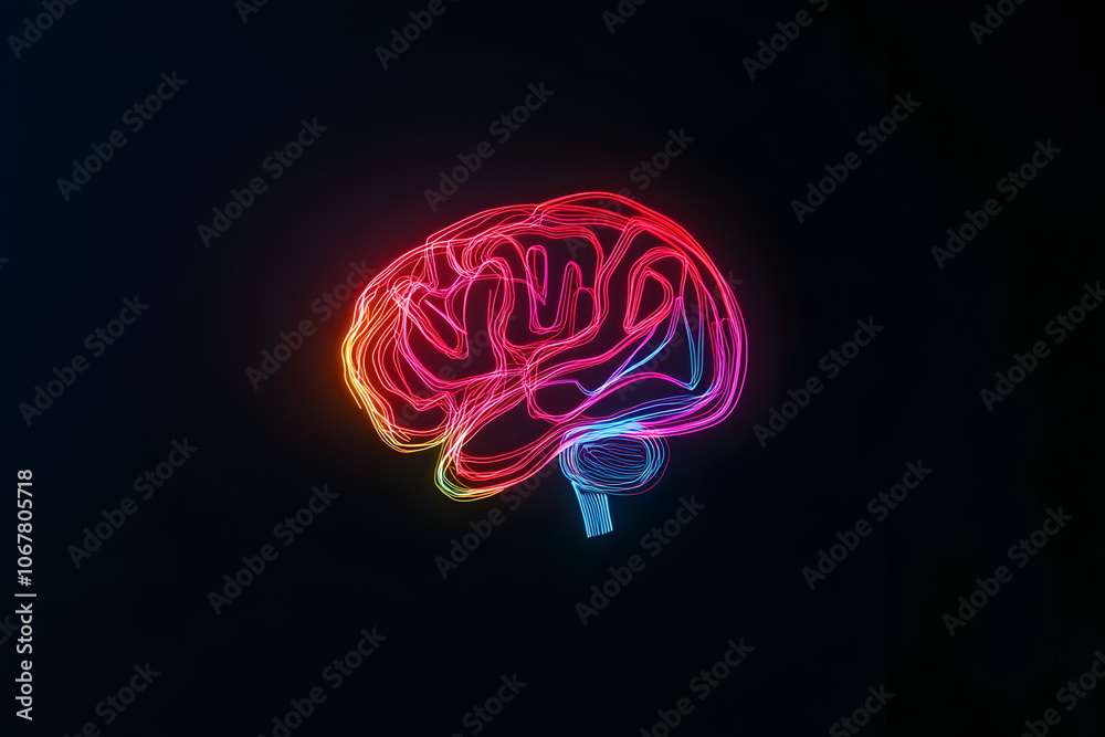An electrifying neon wireframe brain with digital data streams running through it isolated on a dark background in 3D --ar 3:2 --s 50