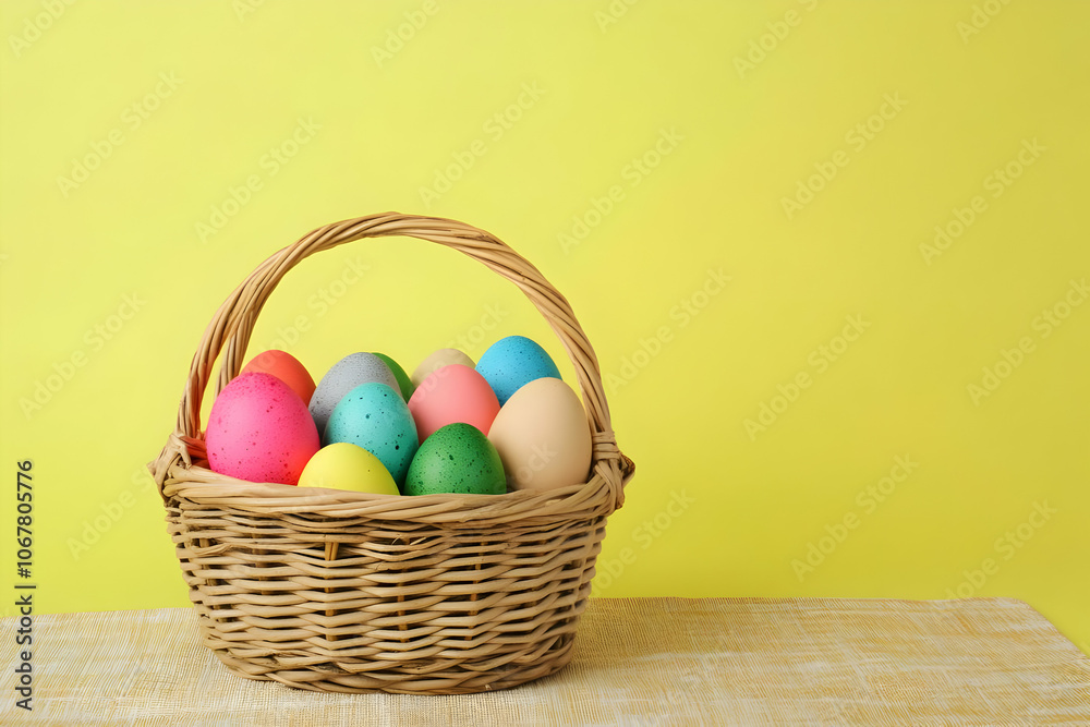 Cute easter egg background image - A wicker basket filled with colorful Easter eggs against a bright yellow background. Cute easter egg background image - A wicker basket filled with colorful Easter eggs against a bright yellow background.