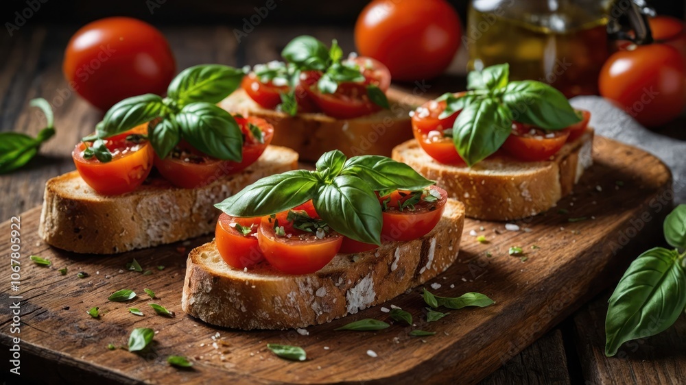 A wooden board with sliced bread topped with tomatoes and basil, showcasing a fresh appetizer.