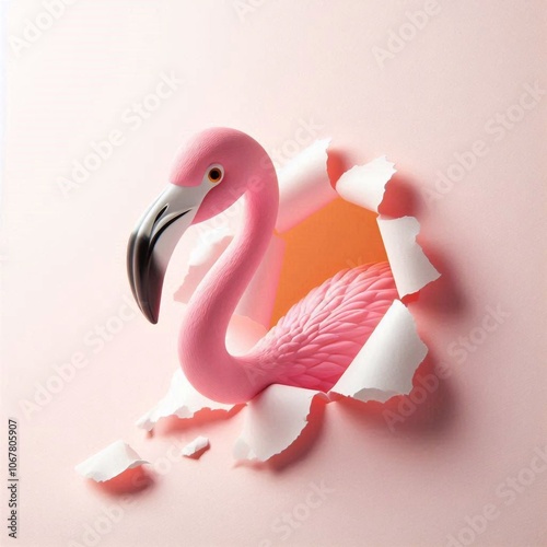 niedlicher kleiner Flamingo schaut durch ein Loch in der Wand photo