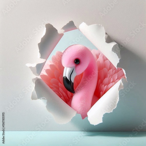 niedlicher kleiner Flamingo schaut durch ein Loch in der Wand photo