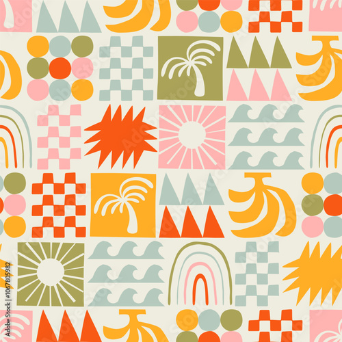 Retro hand drawn tropical summer seamless pattern. Geometric shape patchwork tapestry background illustration. Vintage exotic nature mosaic print, jungle palm tree texture.